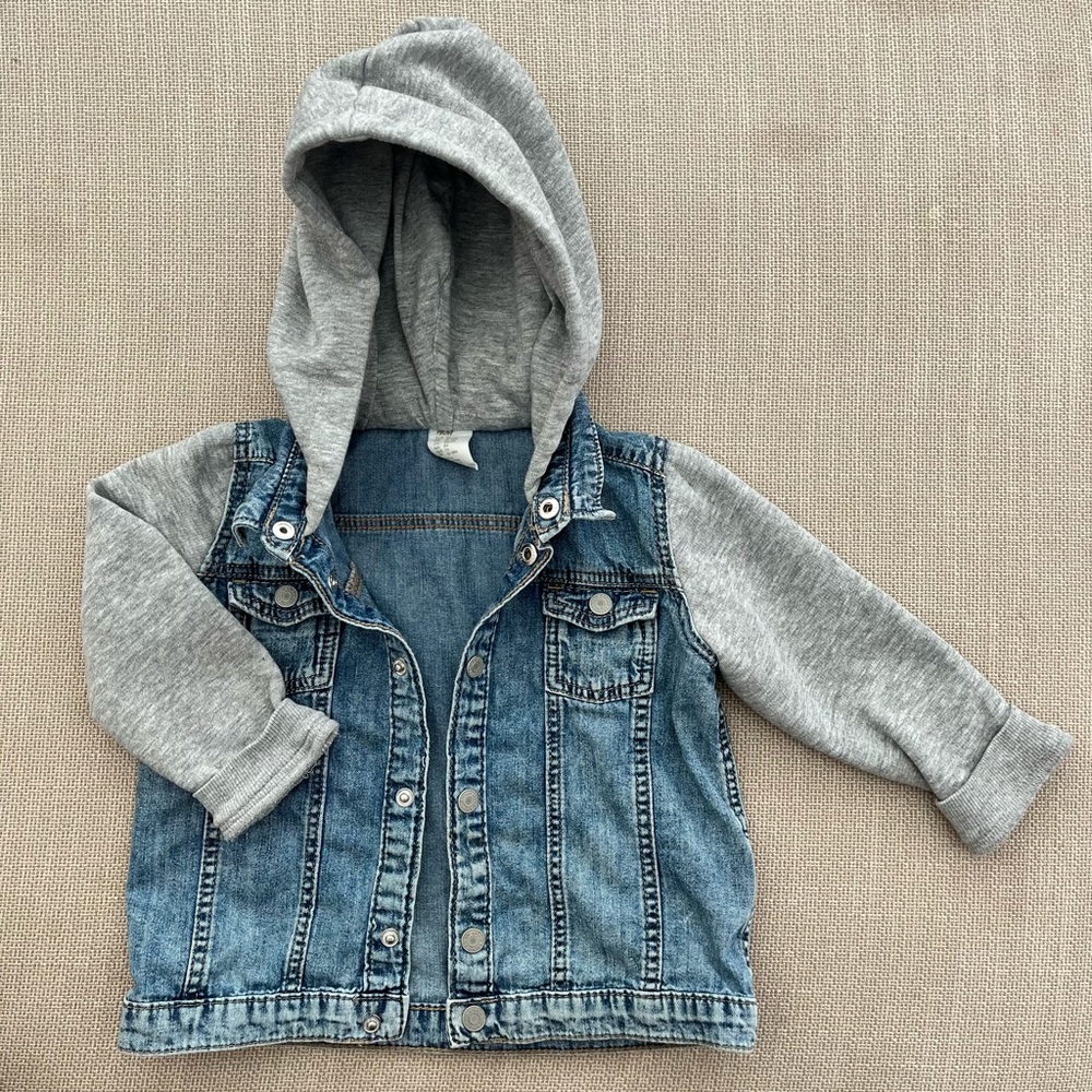 H&M Blue and Gray Jean Jacket with Hood 12-18M